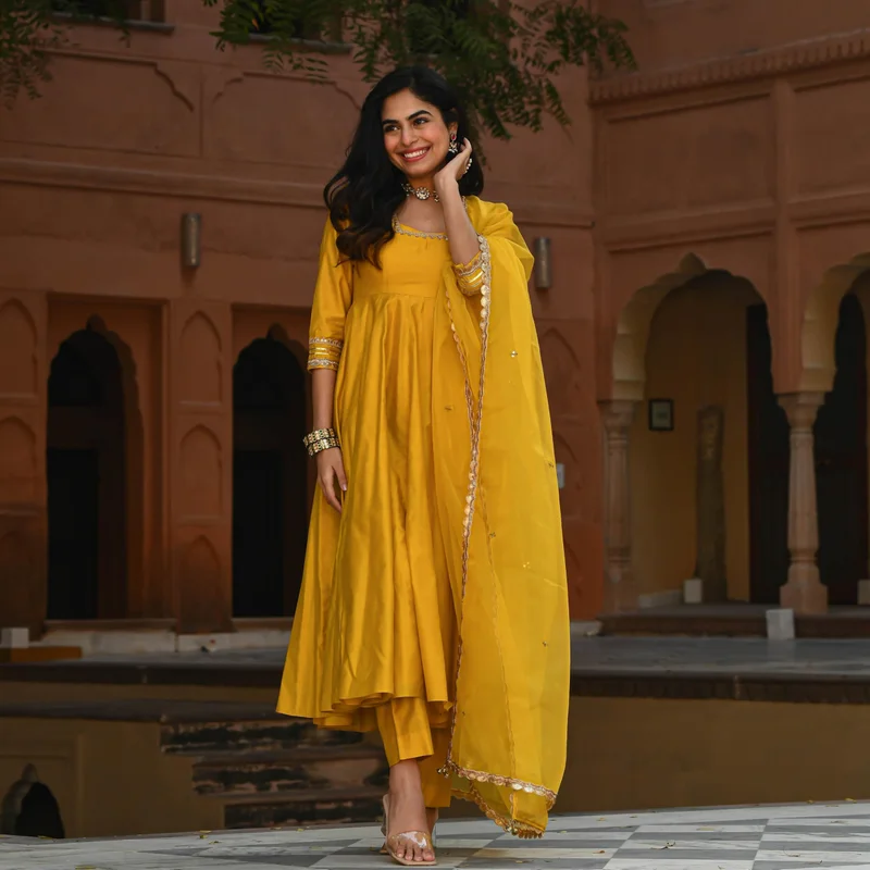 GoSriKi  GoSriKi Women's Rayon Blend Anarkali Solid Kurta with Pant & Dupatta (SITAPATI Yellow-GS_3XL_Yellow_XXX-Large) for Women | Best Price UAE